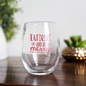 Eat Drink And Be Merry Stemless Clear Wine Glass Red Graphic Fonts